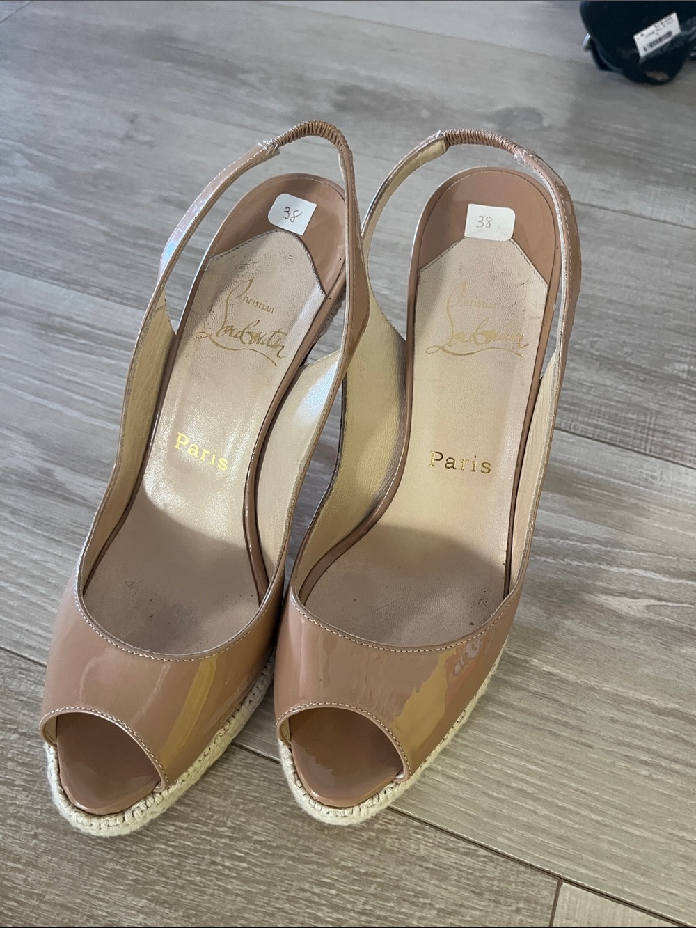 Christian Louboutin Nude Patent Peep-Toe Slingback Wedge Espadrilles